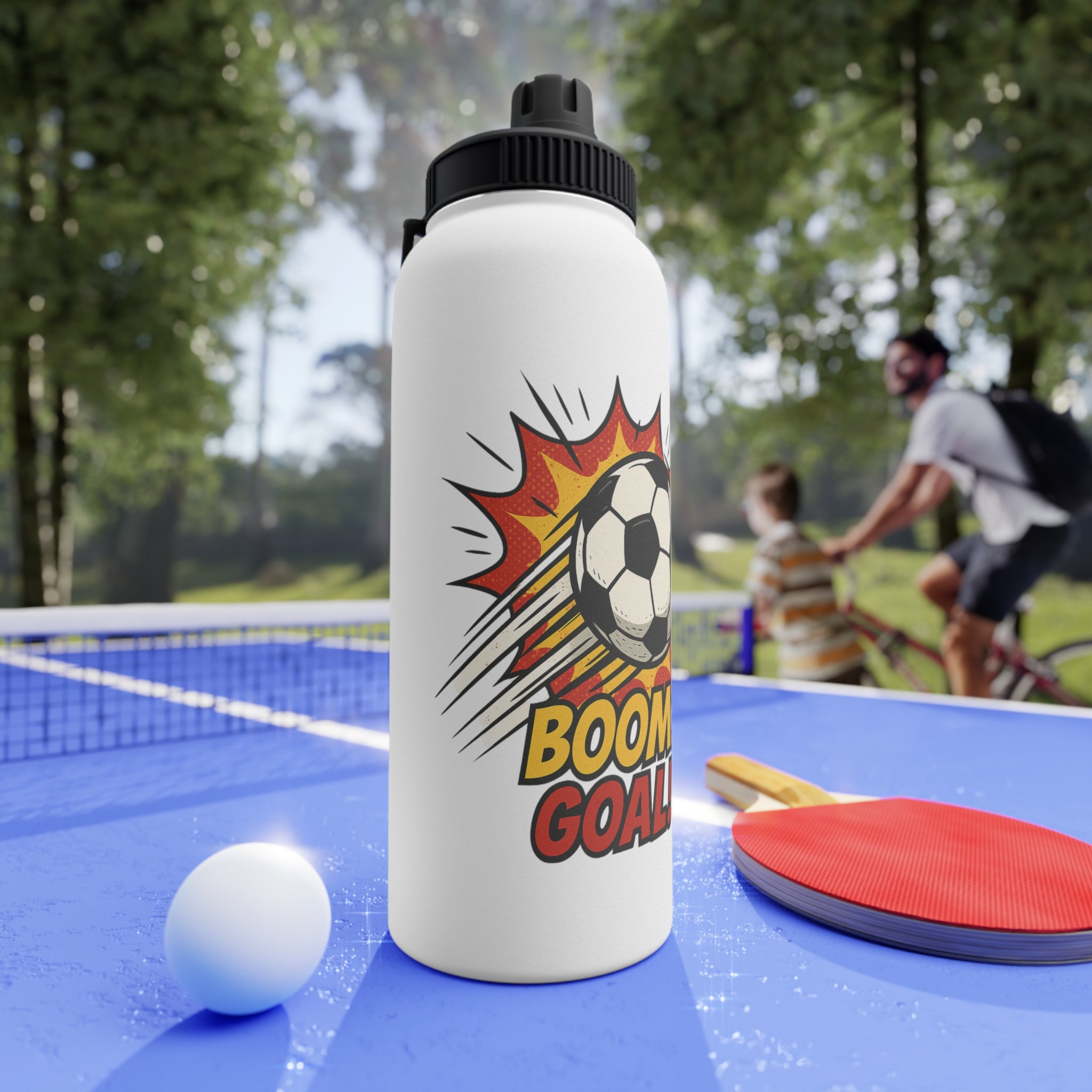 Sporty Stainless Steel Water Bottle - "BOOM! GOAL!" Design